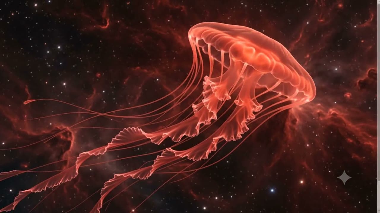 Red jellyfish drifting through a nebula, still frame from the Meduza brand film